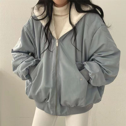 Women’s Bomber Jacket – Oversized Relaxed Fit – Plush Hood – Zip Front – Utility Pockets