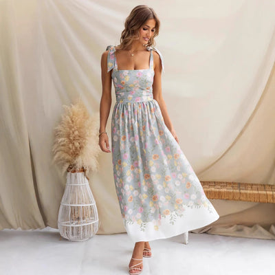 Women’s Midi Dress – Fit and Flare – Floral Print – Spaghetti Straps – Square Neckline