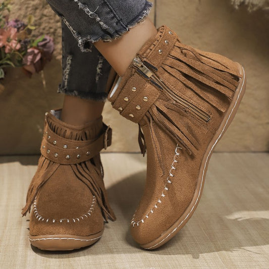 Women’s Ankle Boots – Suede Fringe – Metal Studs – Flat Sole – Side Zip Closure