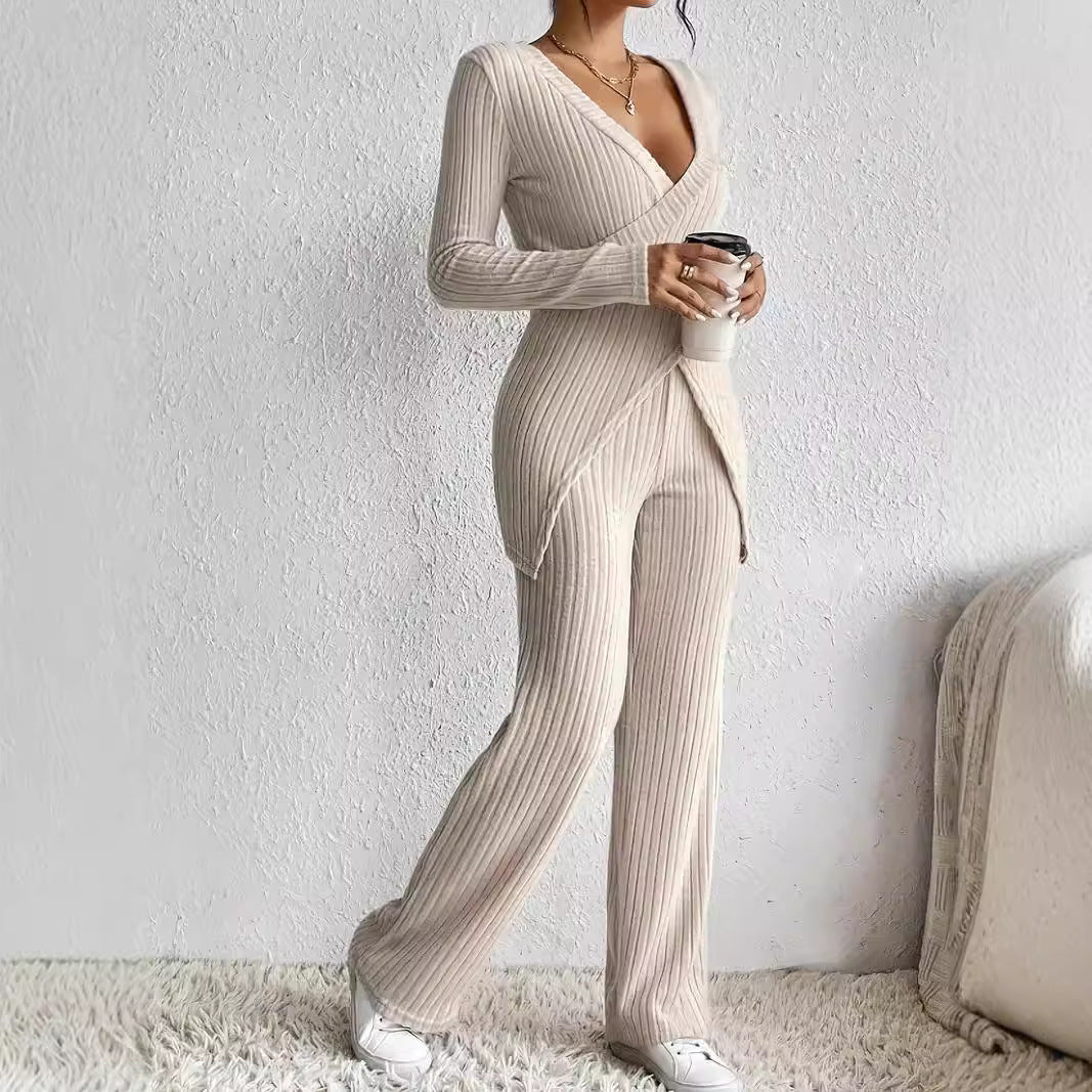 Women’s Knit Lounge Set – Wrap Long Sleeve Top – Straight-Leg Elastic Waist Pants