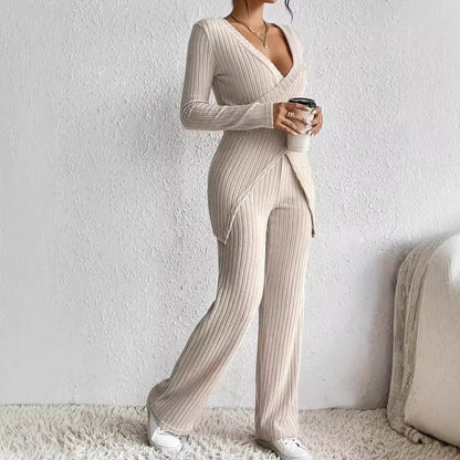Women’s Knit Lounge Set – Wrap Long Sleeve Top – Straight-Leg Elastic Waist Pants