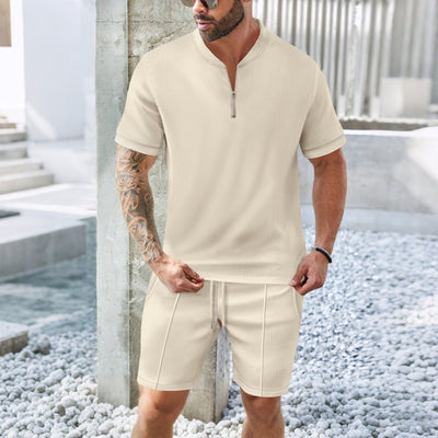Men’s Sport Set – Relaxed Fit – Stretch Fabric – Zip Neck Top & Shorts