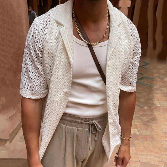 Men’s Knitted Cardigan – Slim Fit – Short Sleeve – Openwork – Button Front – Notched Collar