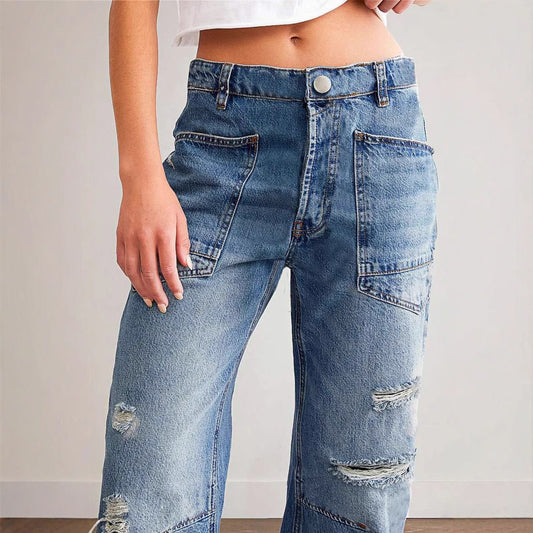 Women’s Boyfriend Jeans – Relaxed Fit – Distressed Denim – Oversized Pockets – Full Length