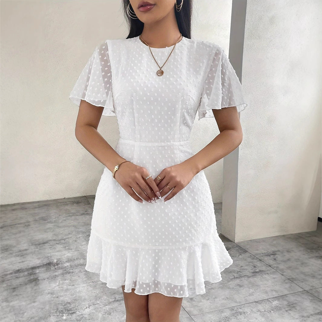 Women’s Mini Dress – Jacquard Dot – A-Line Fit – Flutter Sleeve – Ruffle Hem