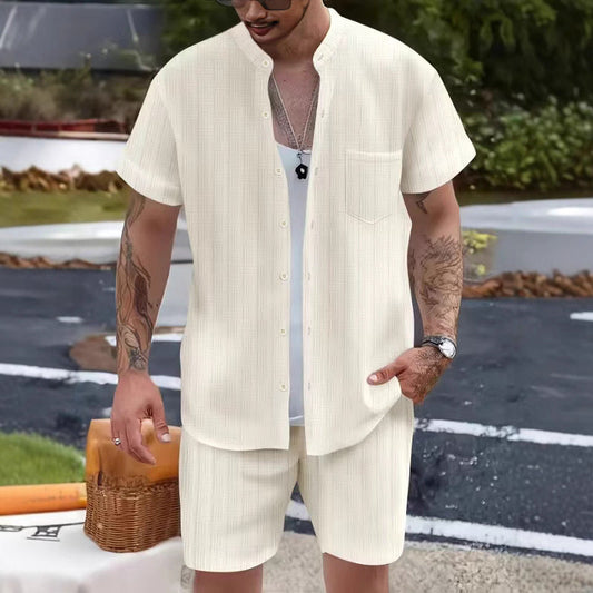 Men’s Two-Piece Set – Henley Collar Shirt & Shorts – Lightweight Relaxed Fit