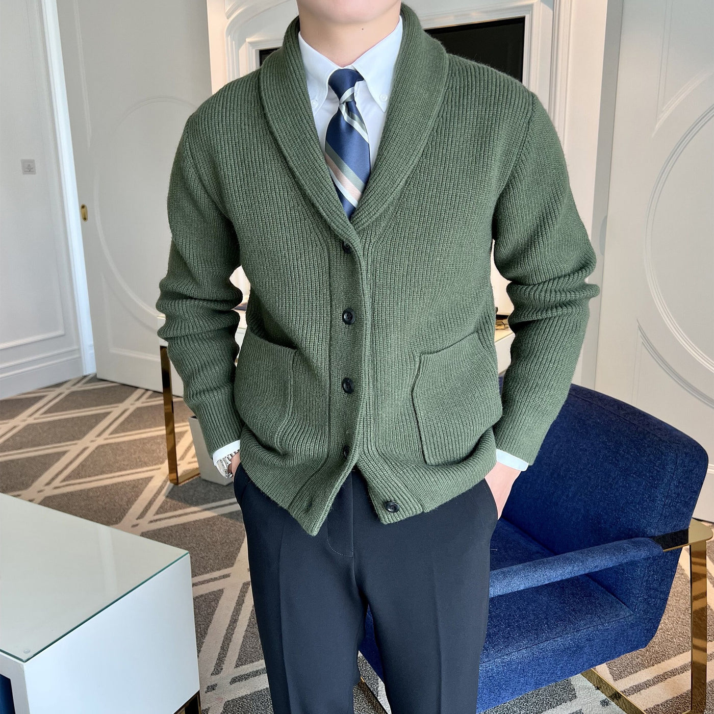 Men’s Shawl Collar Cardigan – Ribbed Knit – Button Up – Casual to Dressy – Relaxed Fit