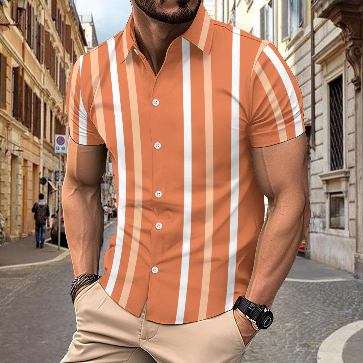Men’s Short Sleeve Shirt – Slim Fit – Cotton – Vertical Stripe – Button Up Casual