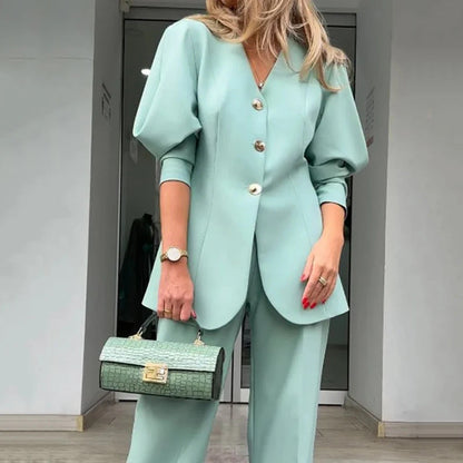 Women’s Blazer and Trousers Set – Structured Fit – Lantern Sleeve – Formal Wear