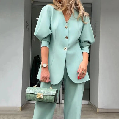 Women’s Blazer and Trousers Set – Structured Fit – Lantern Sleeve – Formal Wear