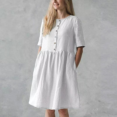 Women’s Midi Dress – Cotton Linen Blend – Relaxed Fit – Short Sleeve – Button Front with Pockets