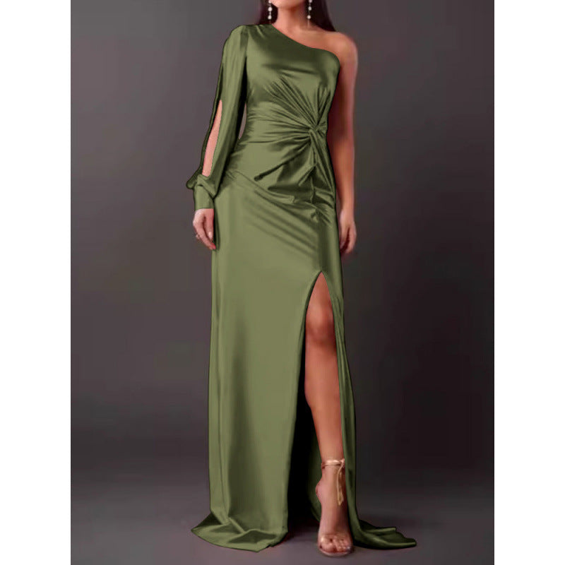 Women’s Maxi Dress – Satin Finish – One Shoulder – High Slit – Ruched Waist – Slim Fit