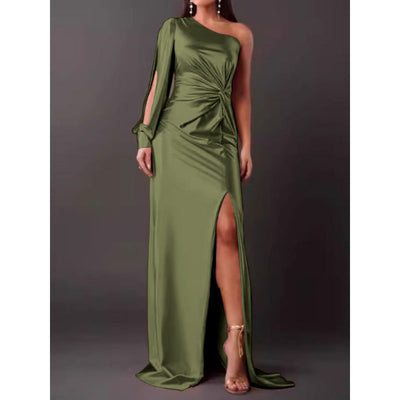 Women’s Maxi Dress – Satin Finish – One Shoulder – High Slit – Ruched Waist – Slim Fit