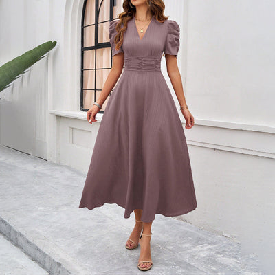Women’s Midi Dress – Fit and Flare – V-Neck – Puff Sleeve – Ruched Waist – Elegant Style