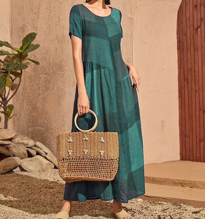 Women’s Long Dress – A-Line Loose Fit – Cotton – Plaid Print – Short Sleeve Casual