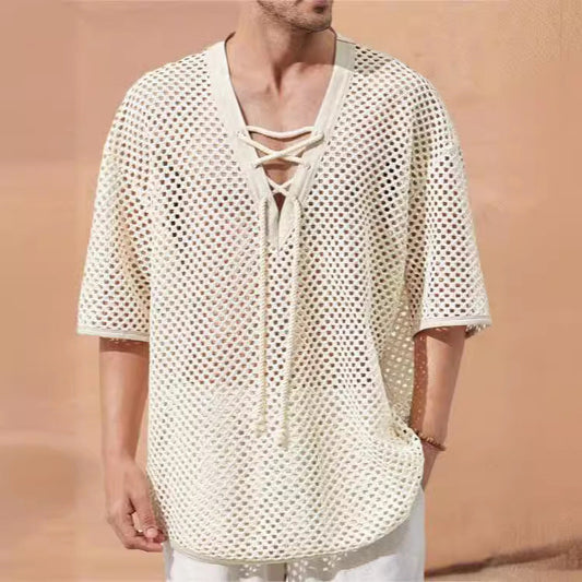 Men’s Mesh T-Shirt – Relaxed Fit – Sheer Mid Sleeve – Lace-Up Chest – Breathable