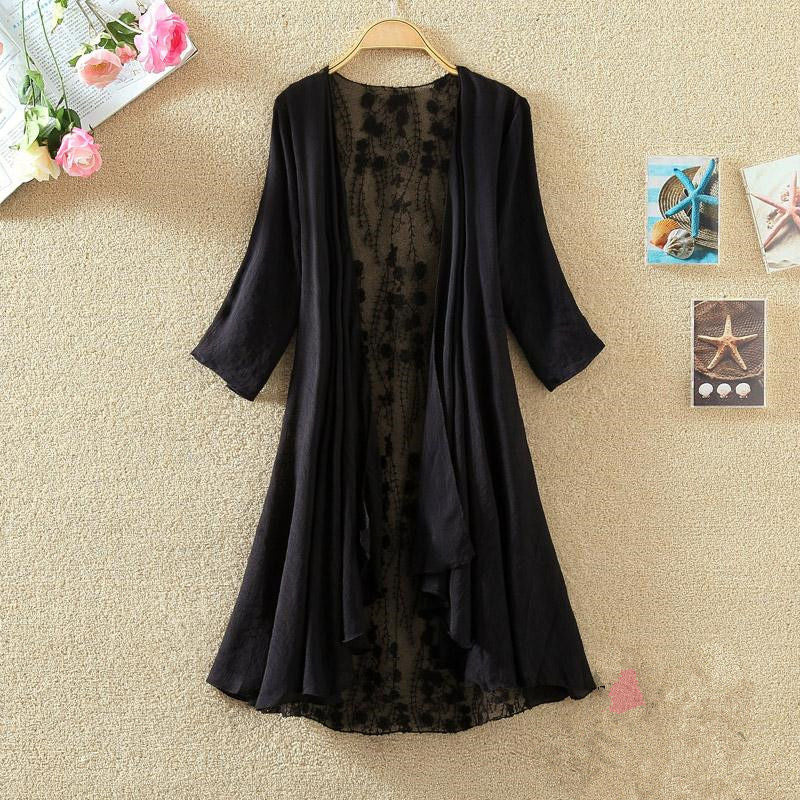 Women’s Mid-Length Cardigan – Lace Back – Open Front – Loose Fit – Breathable Blend
