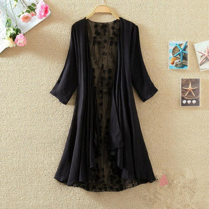 Women’s Mid-Length Cardigan – Lace Back – Open Front – Loose Fit – Breathable Blend