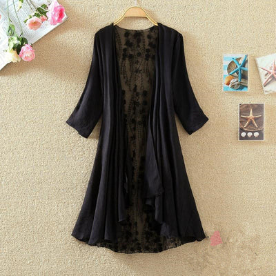 Women’s Mid-Length Cardigan – Lace Back – Open Front – Loose Fit – Breathable Blend