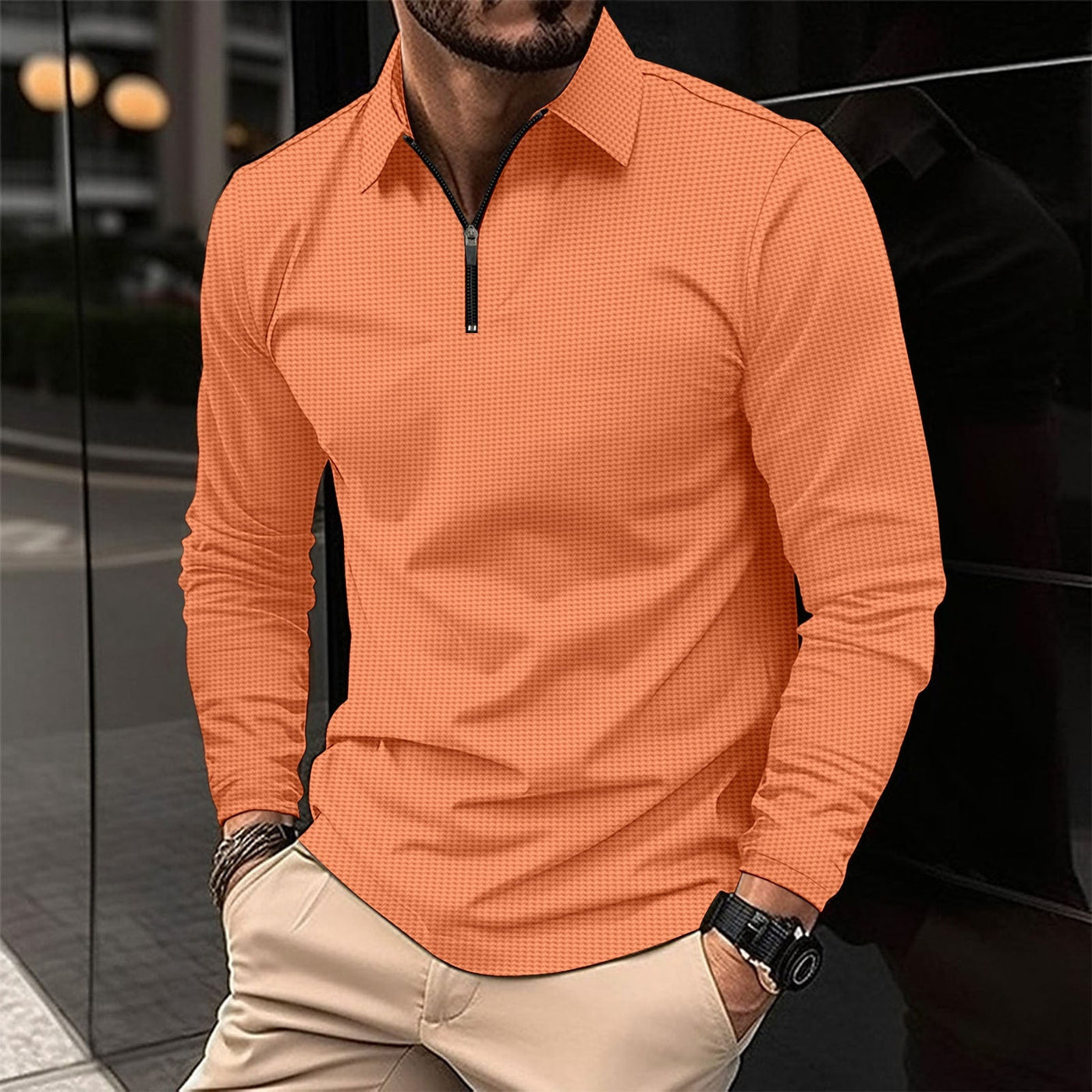 Men’s Long Sleeve Shirt – Slim Fit – Zip Collar – Stretch Fabric