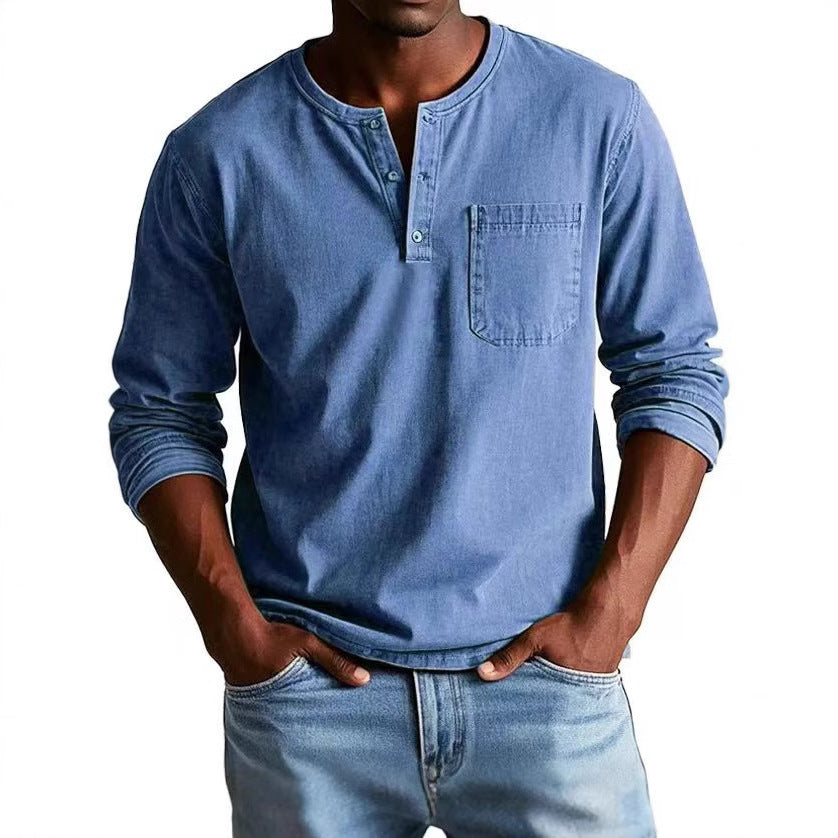 Men’s Long Sleeve T-Shirt – Slim Fit – Breathable Blend – Button Neck with Pocket