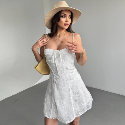 Women’s Mini Dress – Lace Fabric – Fitted Waist – Spaghetti Straps – Ruched Bust