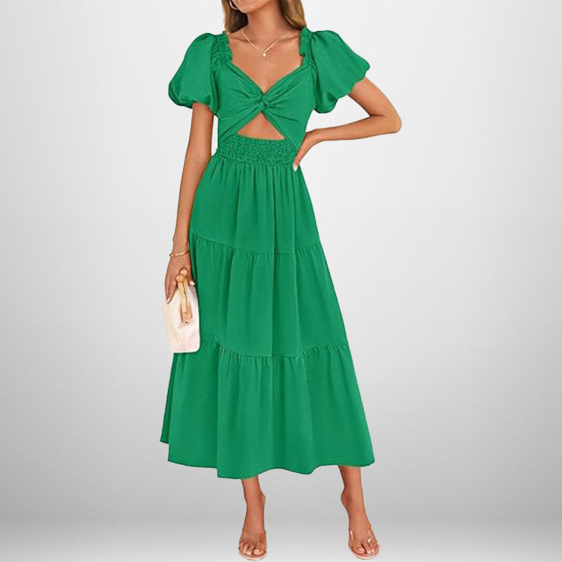 Women’s Long Dress – V-Neck – Puff Sleeve – Smocked Waist – Tiered A-Line Skirt