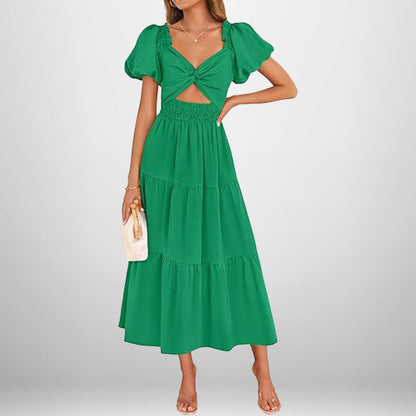 Women’s Long Dress – V-Neck – Puff Sleeve – Smocked Waist – Tiered A-Line Skirt