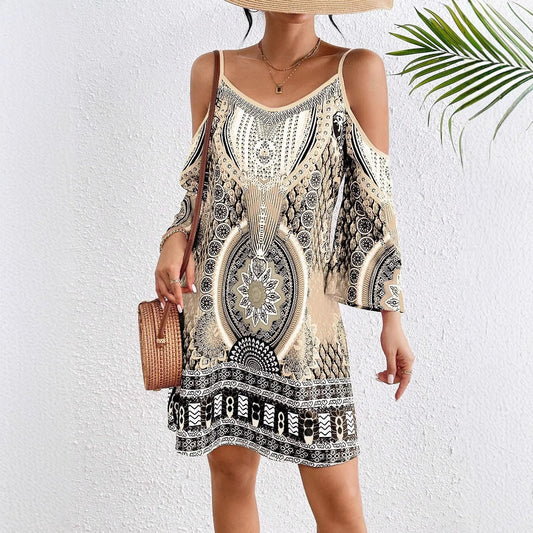 Women’s Midi Dress – Off-Shoulder Cold Shoulder – Relaxed Fit – Breathable Blend