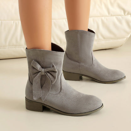 Women’s Short Boots – Suede Finish – Low Heel – Decorative Bow – Comfort Fit