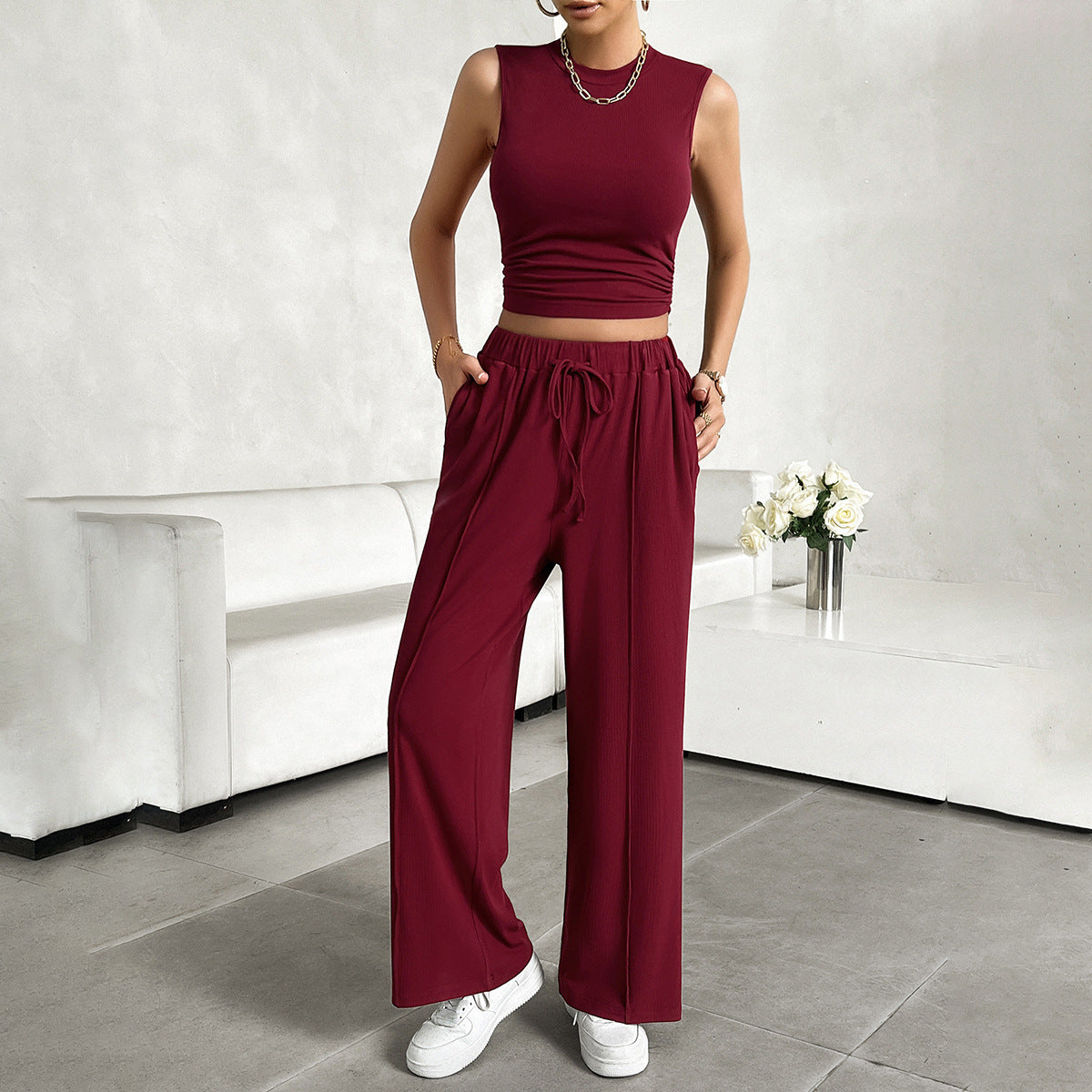 Women’s 2-Piece Set – Sleeveless Crop Top – Wide-Leg Pants – Lightweight Stretch Fabric