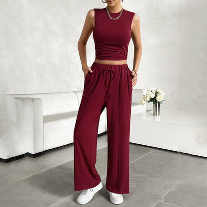 Women’s 2-Piece Set – Sleeveless Crop Top – Wide-Leg Pants – Lightweight Stretch Fabric