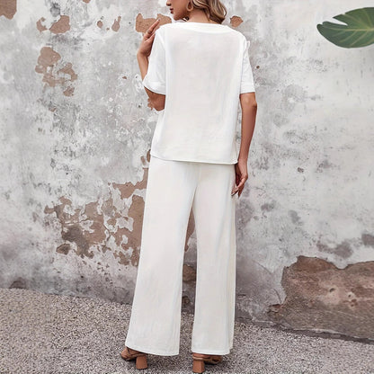 Women’s Two-Piece Set – Relaxed Fit – Wide Leg Trousers – Side Button Detail – Cotton Blend