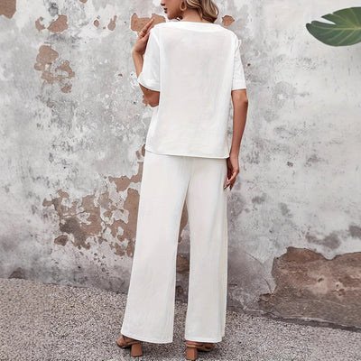 Women’s Two-Piece Set – Relaxed Fit – Wide Leg Trousers – Side Button Detail – Cotton Blend