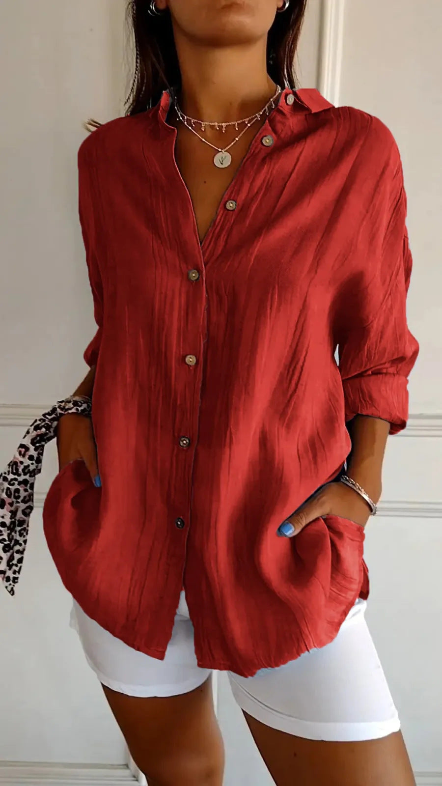 Women's Button-Down Long Sleeve Shirt – Relaxed Fit with Lapel Collar