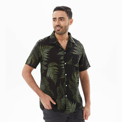 Men’s Short Sleeve Shirt – Relaxed Fit – Lightweight Breathable Cotton Blend – Leaf Print