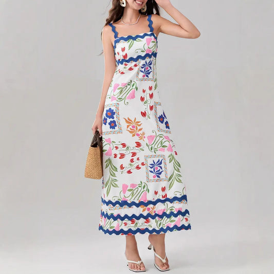 Women’s Midi Dress – A-Line Fit – Lightweight Cotton Blend – Ruffle Trim – Floral Print