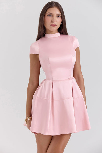 Women’s Mini Dress – Satin Look – High Neck – Sleeveless A-Line – Pleated Skirt