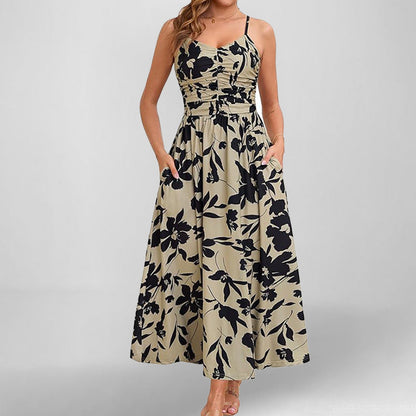 Women’s Sundress – A-Line Midi – Spaghetti Straps – Floral Print – Pockets – Cotton Blend