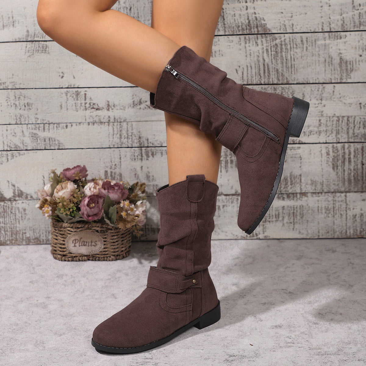 Women’s Mid-Calf Boots – Suede Finish – Block Heel – Side Zip – Slouched Fit