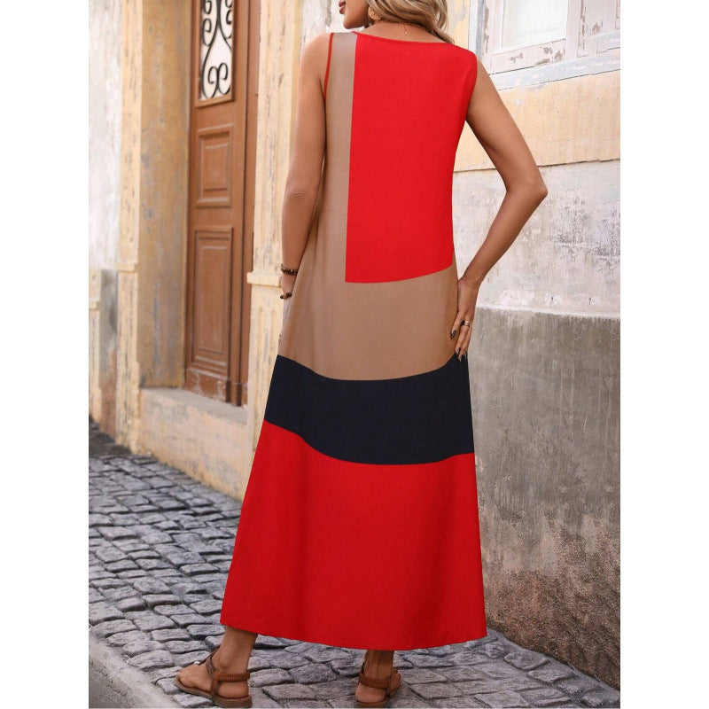 Women’s Maxi Dress – V-Neck – Slim Fit Waist – Side Slit – Ruffle Cap Sleeves – Geometric Print