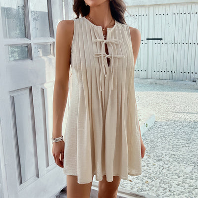 Women’s Sleeveless Dress – A-Line Relaxed Fit – Pleated Front – Tie Neck – Above Knee