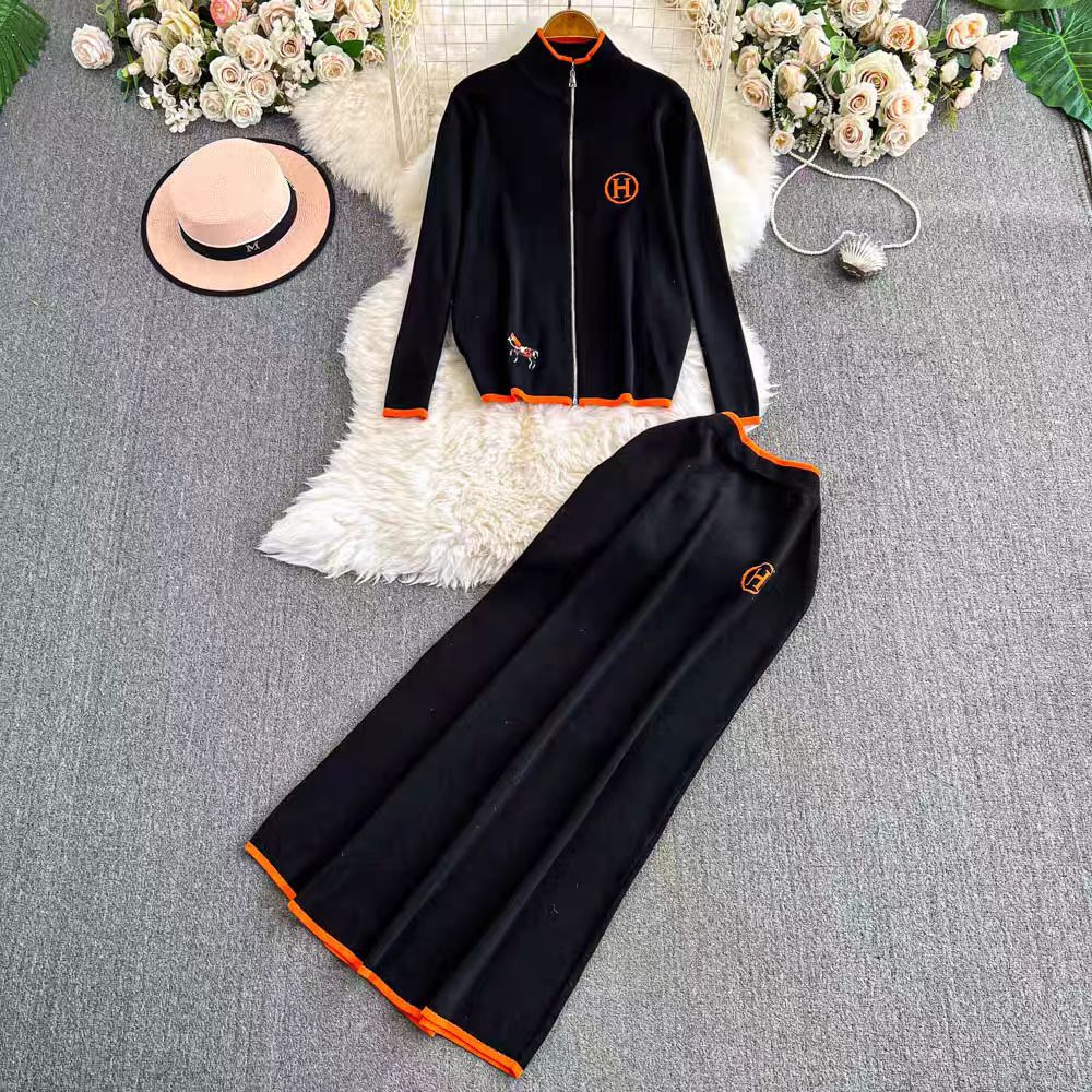 Women’s Knit Cardigan Set – Wool Blend – Embroidered – Zipper Front – A-Line Skirt