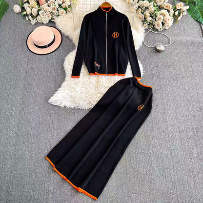Women’s Knit Cardigan Set – Wool Blend – Embroidered – Zipper Front – A-Line Skirt