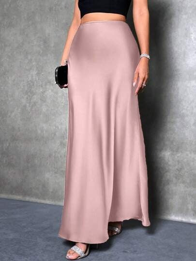 Women’s Maxi Skirt – Satin Fabric – Slim Fit – Flared Hem – Minimalist Design