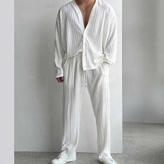 Men’s Matching Set – Relaxed Fit – Pleated Texture – Collarless Shirt & Straight-Leg Pants