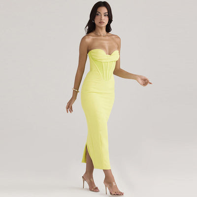 Women’s Strapless Bodycon Dress – Boned Bodice – Slim Fit Midi – Back Slit Elegant Wear