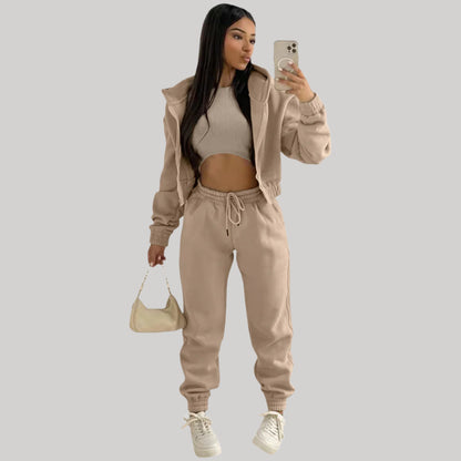 Women’s Tracksuit – 3 Piece Lounge Set – Crop Top – Zip Up Hoodie – Jogger Pants