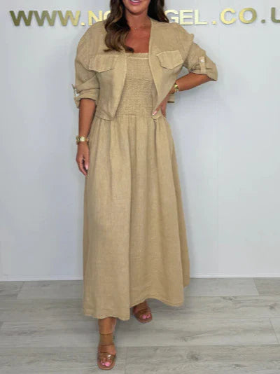 Women’s Maxi Dress Set – Smocked Bodice – Relaxed Fit – Cotton – Matching Jacket