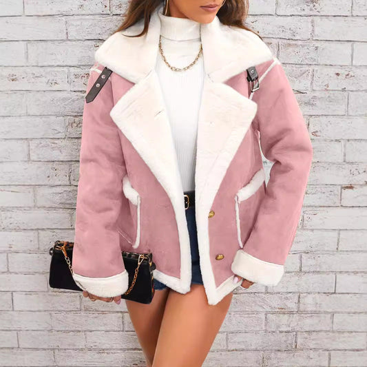 Women’s Faux Fur Jacket – Oversized Fit – Suede Look – Double-Breasted – Hip Length